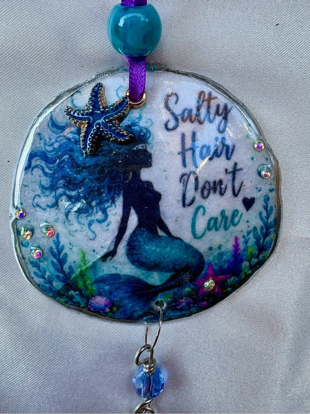 Blue & Green Decoupage Mermaid Crystal Sand Dollar Suncatcher